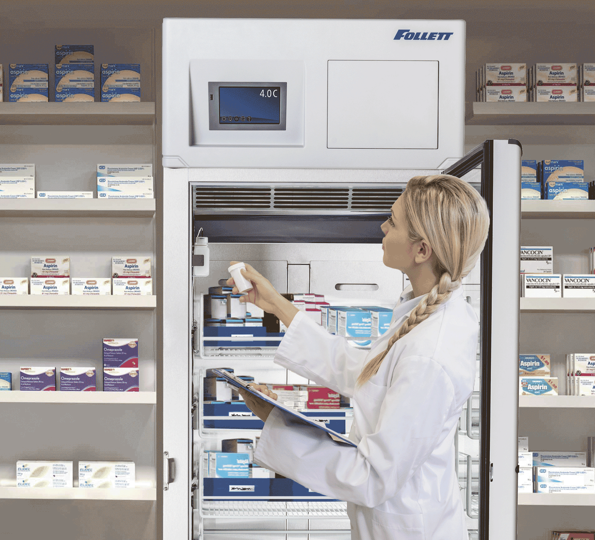 Rotating images showing hospital staff interacting with Follett dispensers and refrigerators