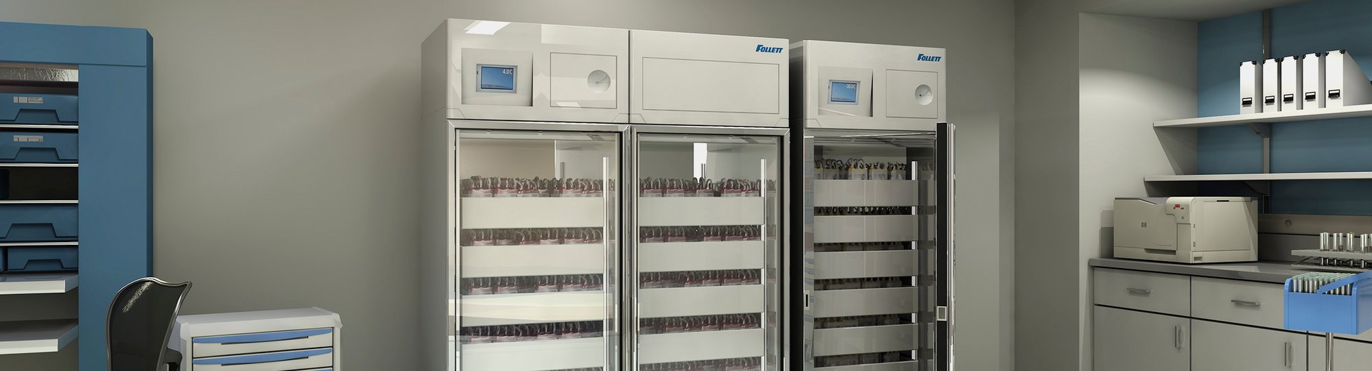 Full size refrigerators in a blood bank