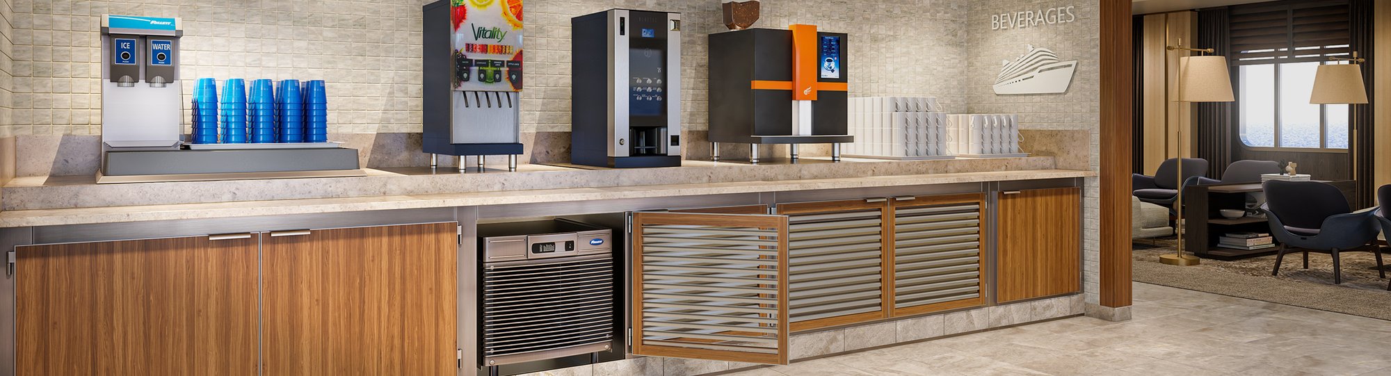 Cruise ship dining area showing Follett ice machine and other beverage equipment