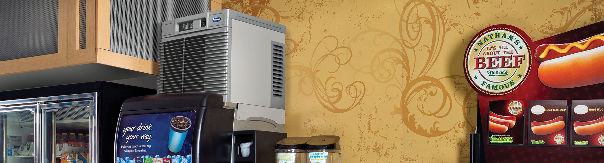 Follett ice machine on top of a dispenser in a convenience store Follett ice machine on top of a dispenser in a convenience store