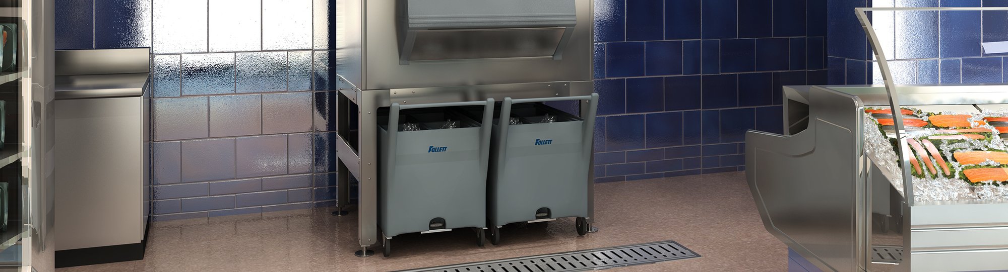ITS bin with carts in seafood area of supermarket