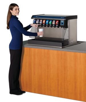 Vision ice and beverage dispenser with woman dispensing soda