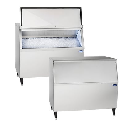 Slope front ice storage bins open and closed