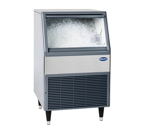 Maestro Plus ice machine bin with door open, displaying ice