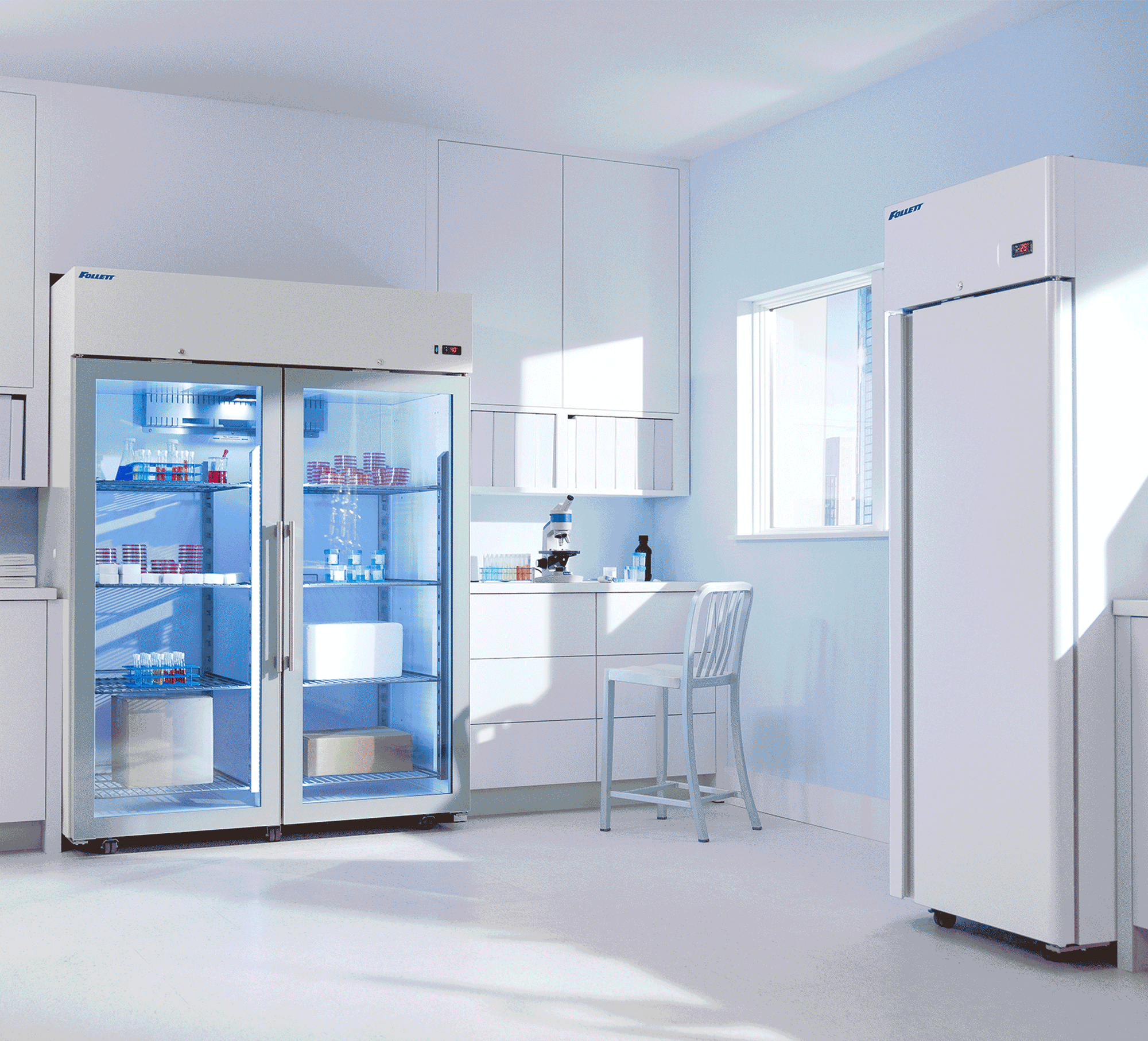three rotating photos of two scientists working in a laboratory with Follett refrigerators
