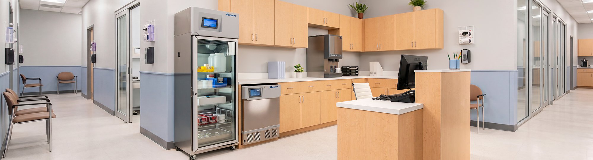 Follett refrigerators and dispenser at a nurse's station in a hospital