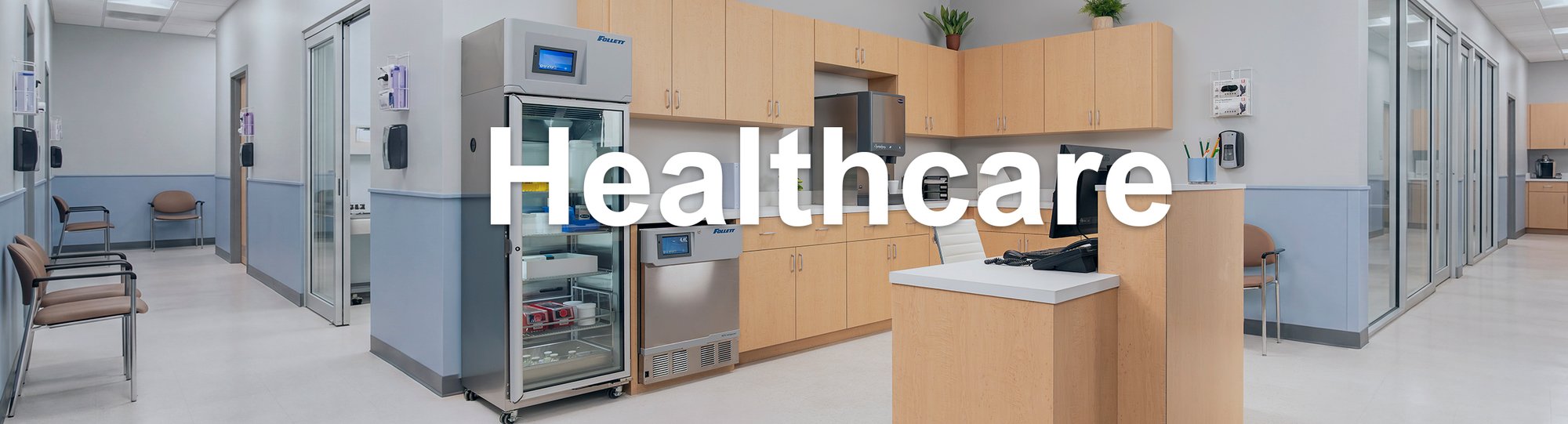 Healthcare banner with Follett refrigerators and dispenser at a nurse's station in a hospital