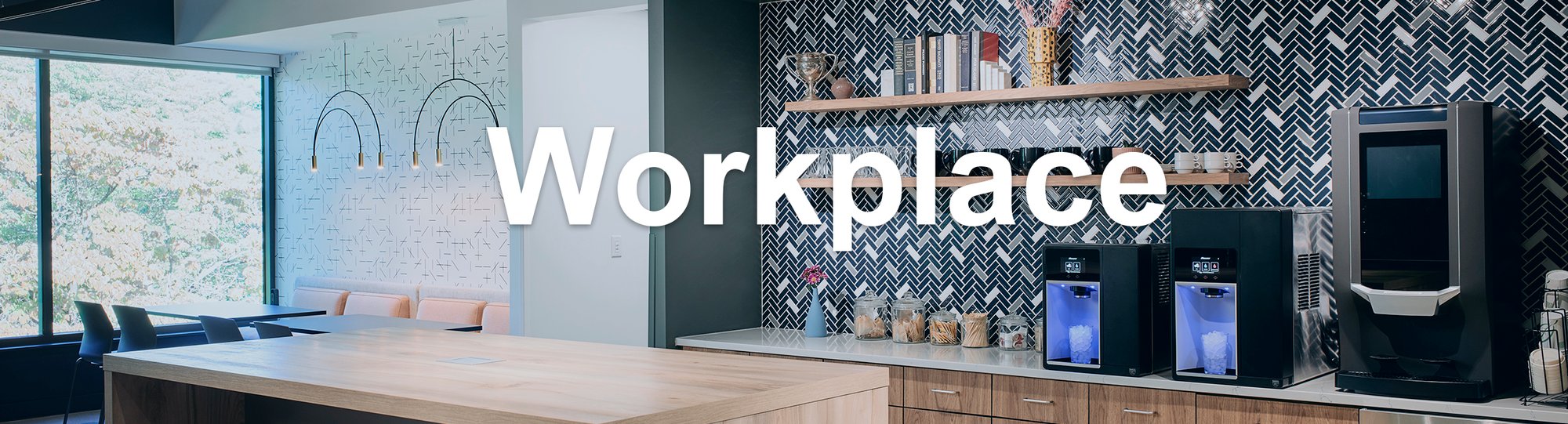 Workplace banner with Champion dispensers on a break room counter