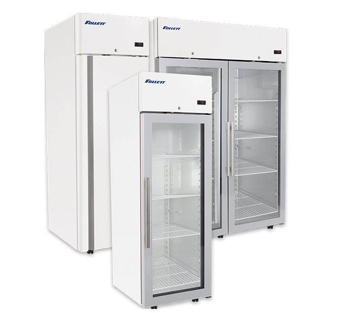 Grouping of Follett Scientific single and double door refrigerators
