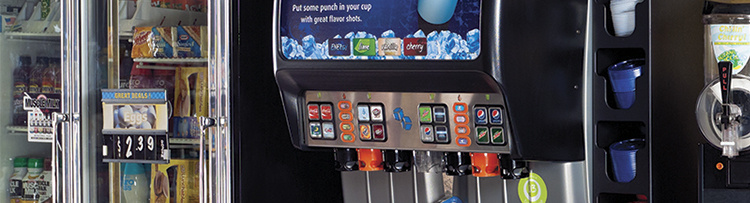 C-Store close up image of a beverage dispenser and beverage cooler
