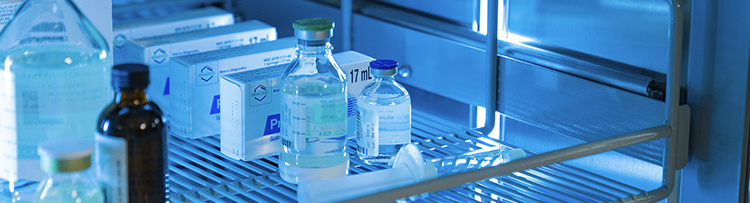 Pharmacy products close up in refrigerator