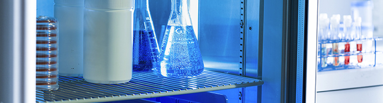 Laboratory vials and test tubes in refrigerator close up